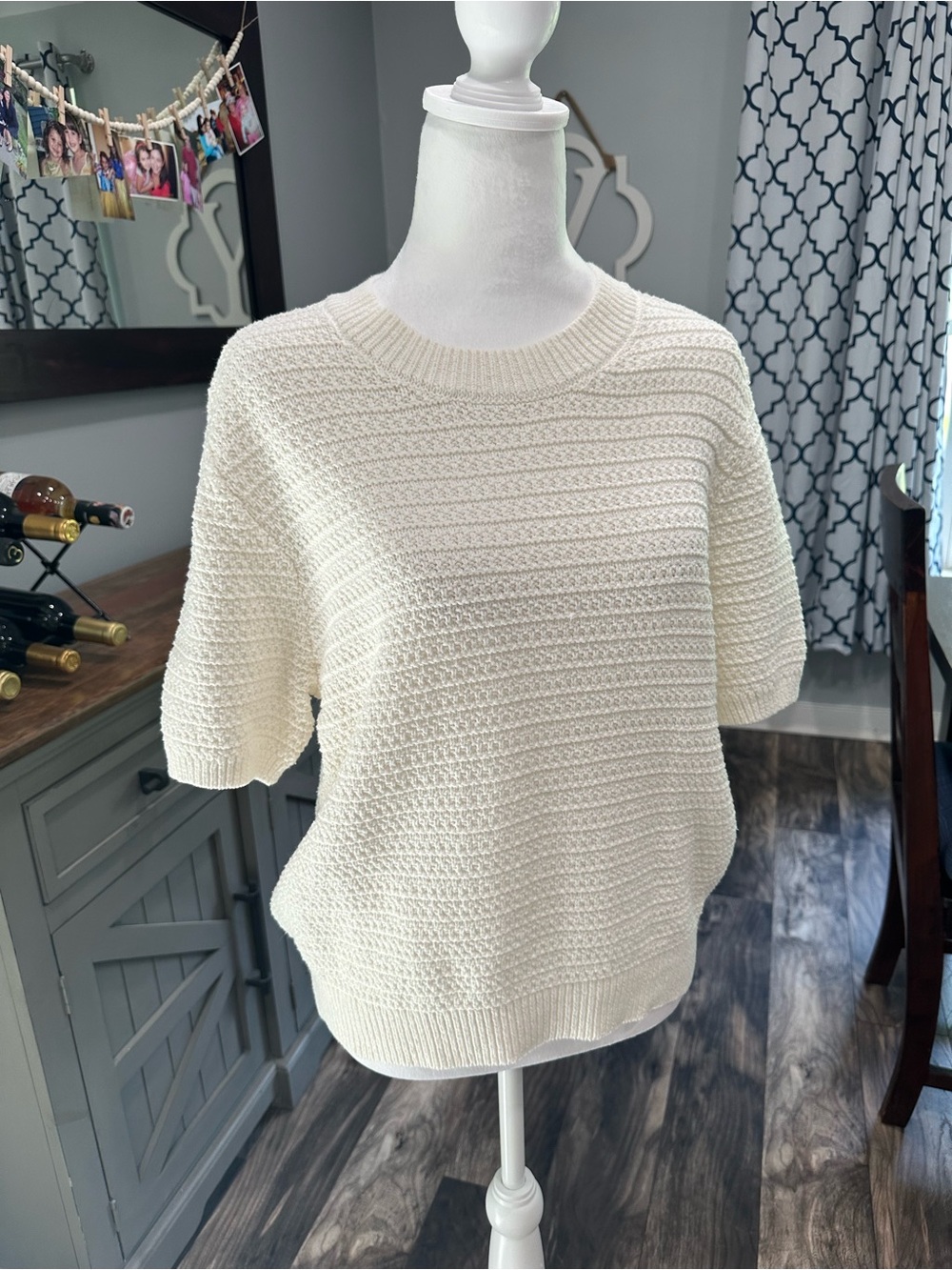 LOFT Cream Textured Short-Sleeve Crewneck Sweater